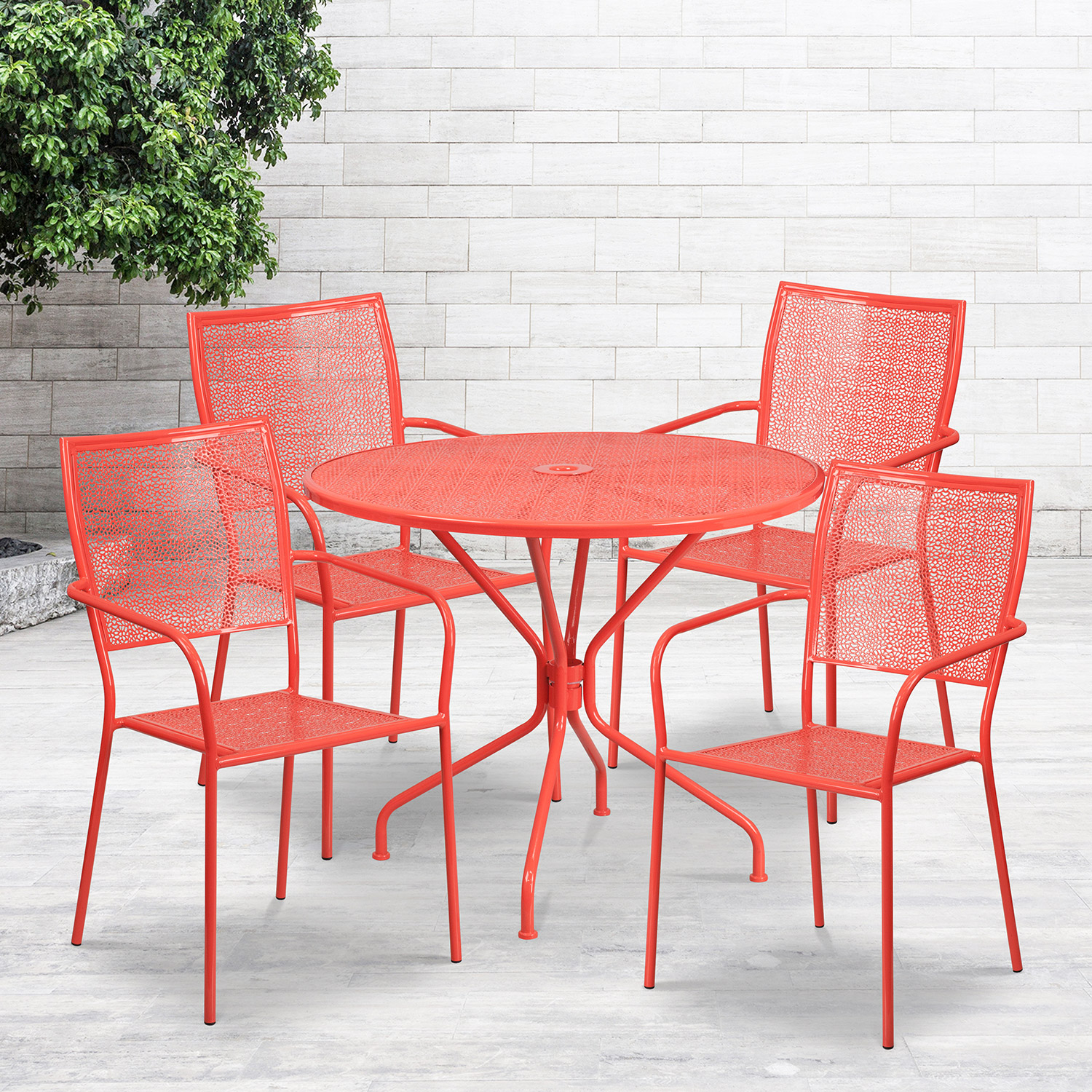 BLNK Oia Commercial Round Steel Indoor-Outdoor Patio Table Set with 4 Square Back Chairs