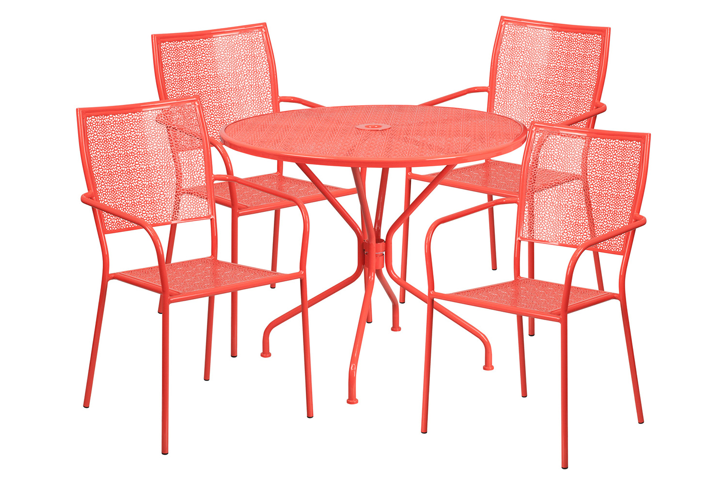 BLNK Oia Commercial Round Steel Indoor-Outdoor Patio Table Set with 4 Square Back Chairs - Coral