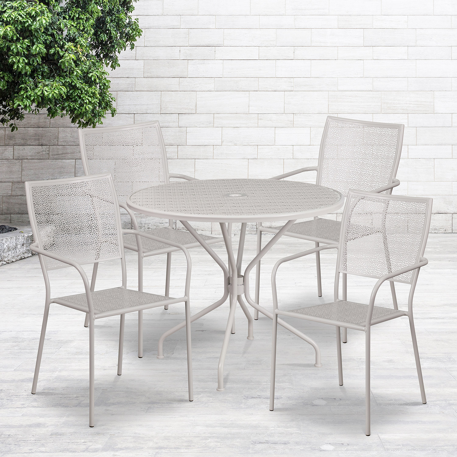 BLNK Oia Commercial Round Steel Indoor-Outdoor Patio Table Set with 4 Square Back Chairs