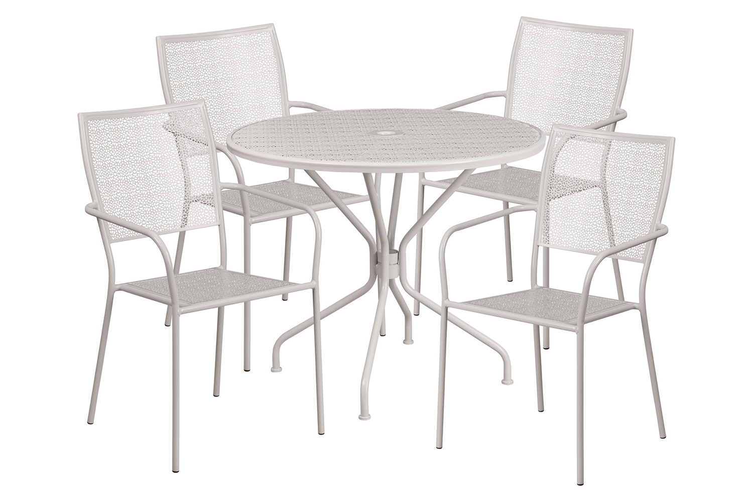 BLNK Oia Commercial Round Steel Indoor-Outdoor Patio Table Set with 4 Square Back Chairs - Light Gray