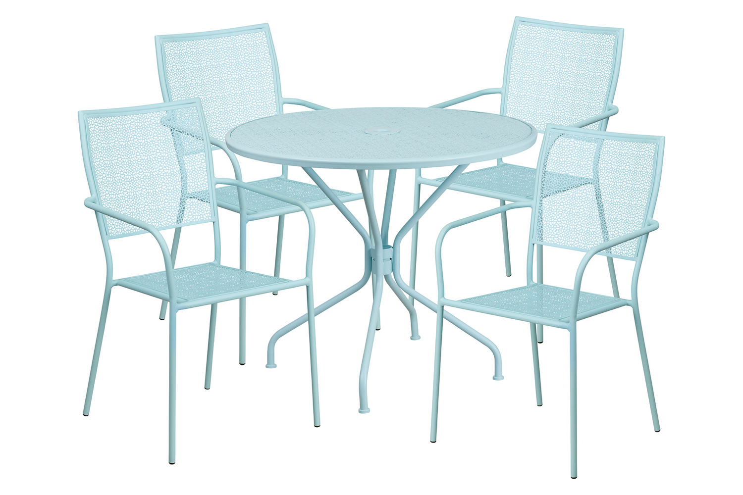 BLNK Oia Commercial Round Steel Indoor-Outdoor Patio Table Set with 4 Square Back Chairs