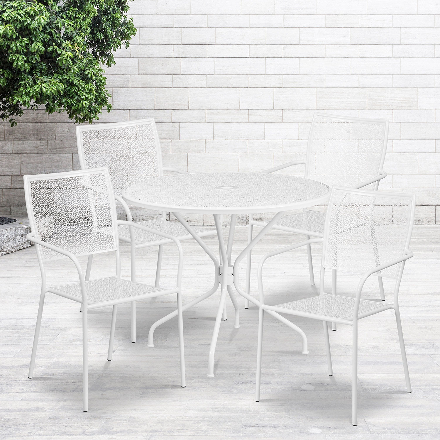 BLNK Oia Commercial Round Steel Indoor-Outdoor Patio Table Set with 4 Square Back Chairs