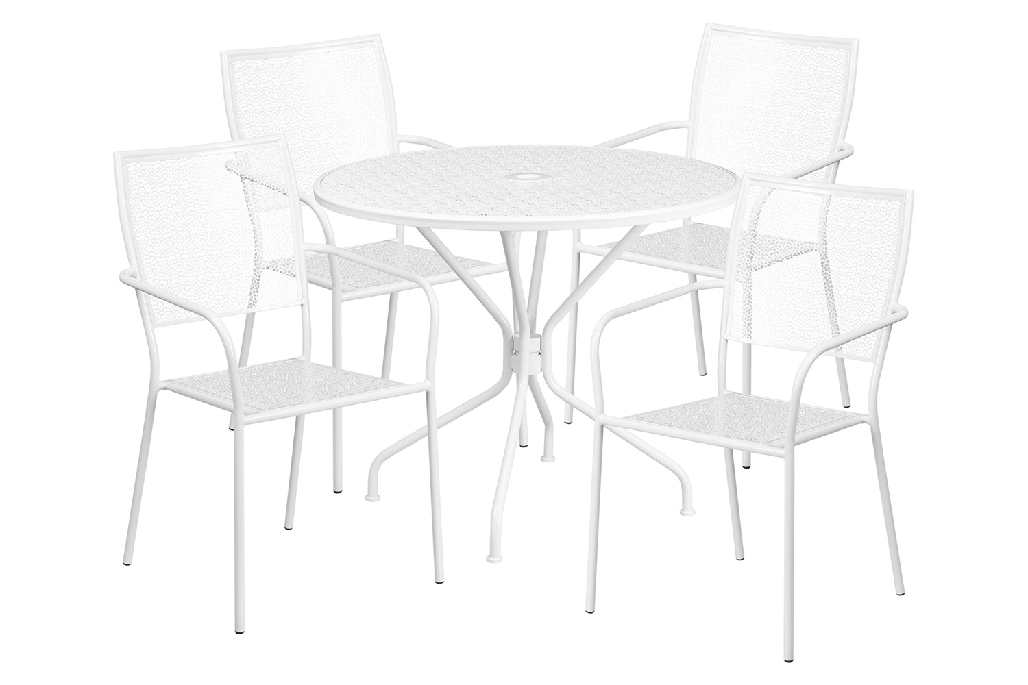 BLNK Oia Commercial Round Steel Indoor-Outdoor Patio Table Set with 4 Square Back Chairs - White