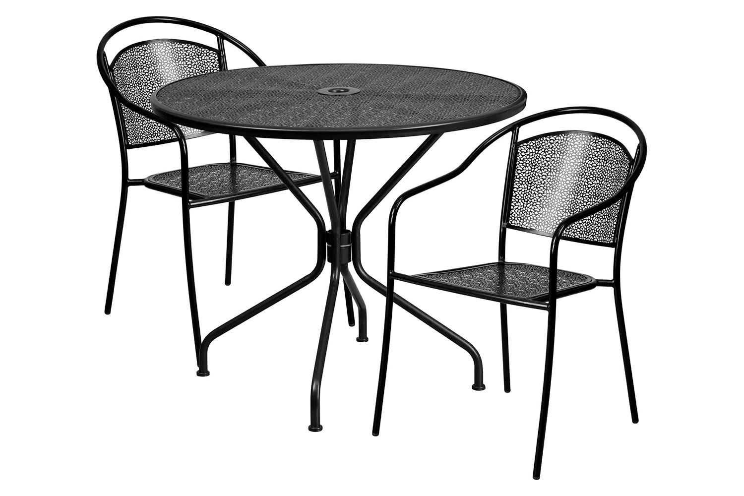 BLNK Oia Commercial Steel Indoor-Outdoor Patio Table Set with 2 Round Back Chairs - Black, 35.25"W