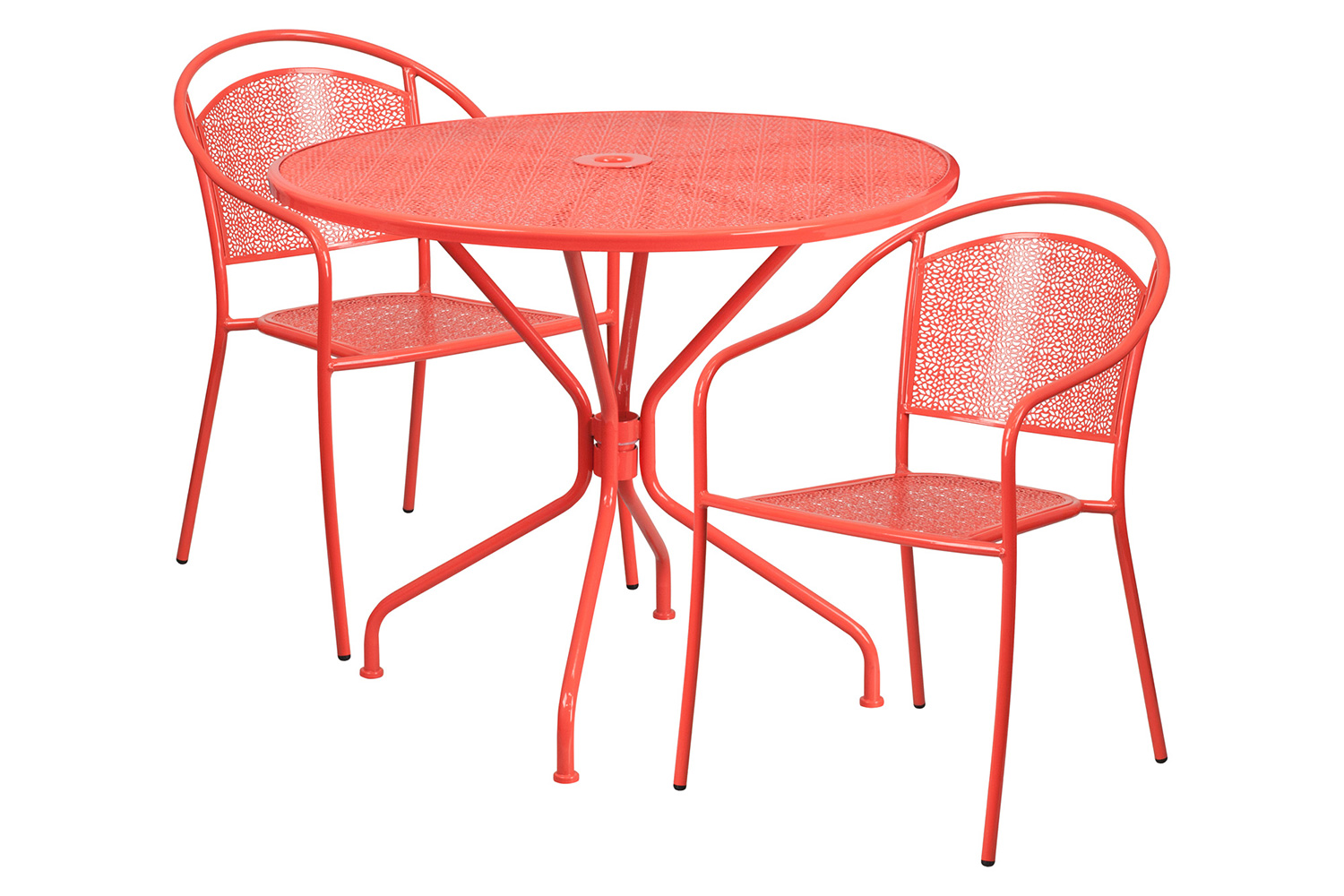 BLNK Oia Commercial Steel Indoor-Outdoor Patio Table Set with 2 Round Back Chairs - Coral, 35.25"W