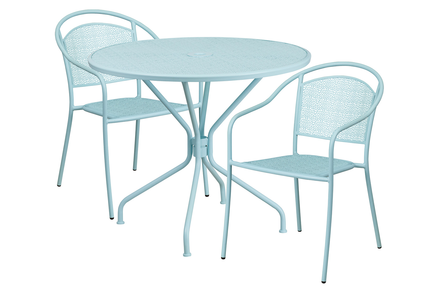 BLNK Oia Commercial Steel Indoor-Outdoor Patio Table Set with 2 Round Back Chairs - Sky Blue, 35.25"W