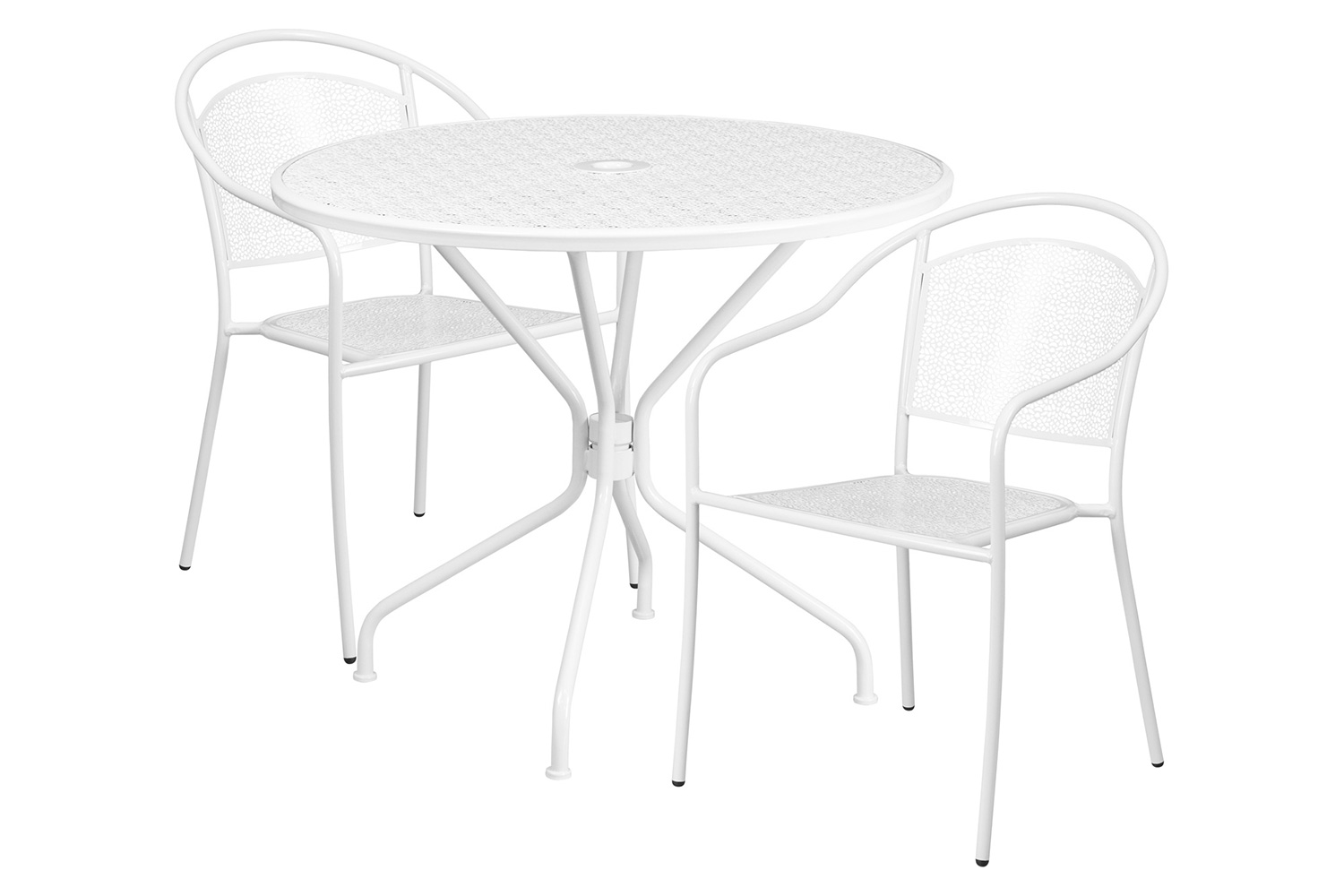 BLNK Oia Commercial Steel Indoor-Outdoor Patio Table Set with 2 Round Back Chairs - White, 35.25"W