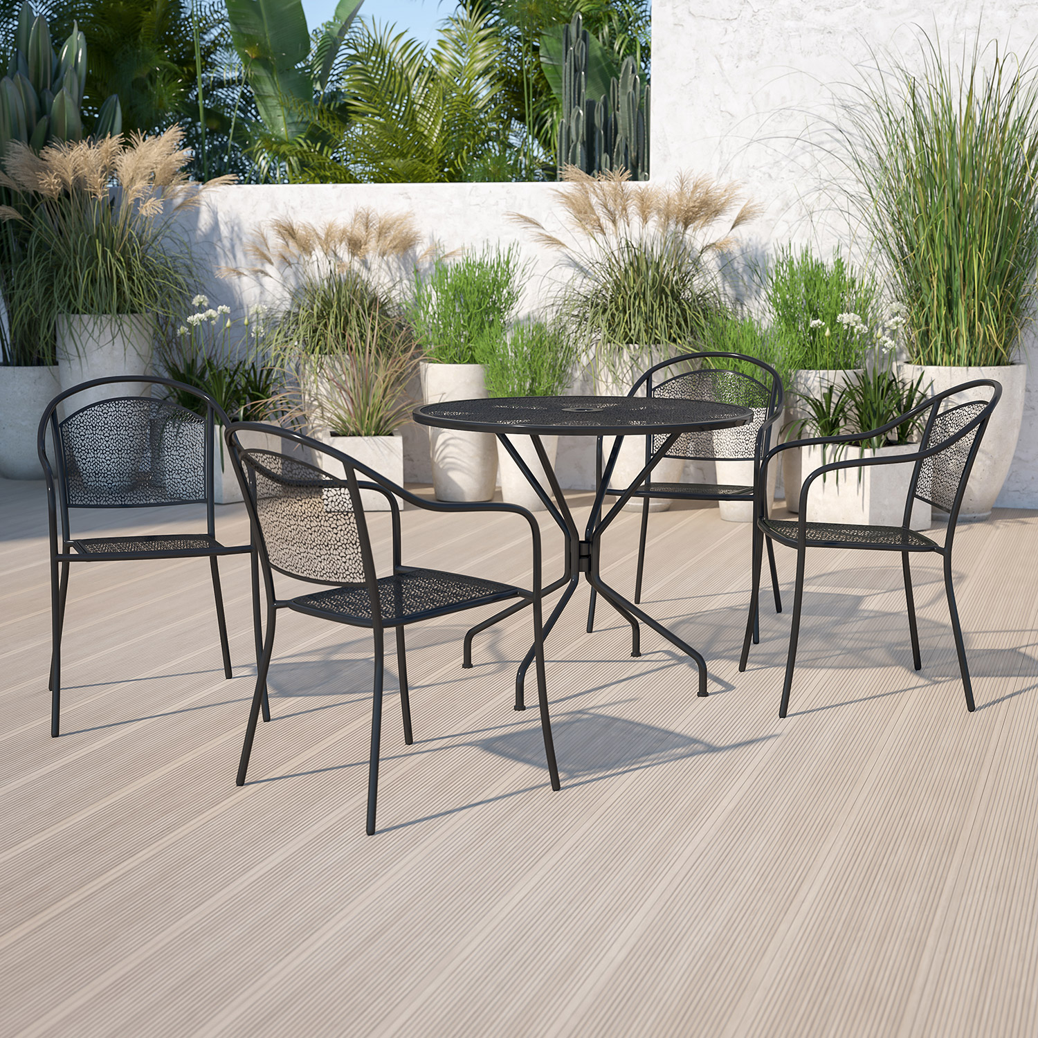 BLNK Oia Commercial Steel Indoor-Outdoor Patio Table Set with 4 Round Back Chairs