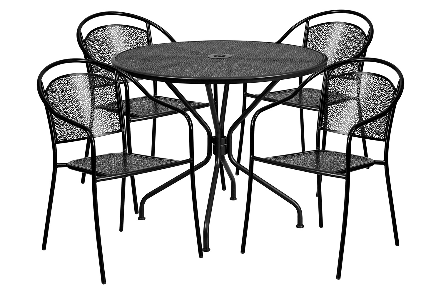 BLNK Oia Commercial Steel Indoor-Outdoor Patio Table Set with 4 Round Back Chairs - Black, 35.25"W