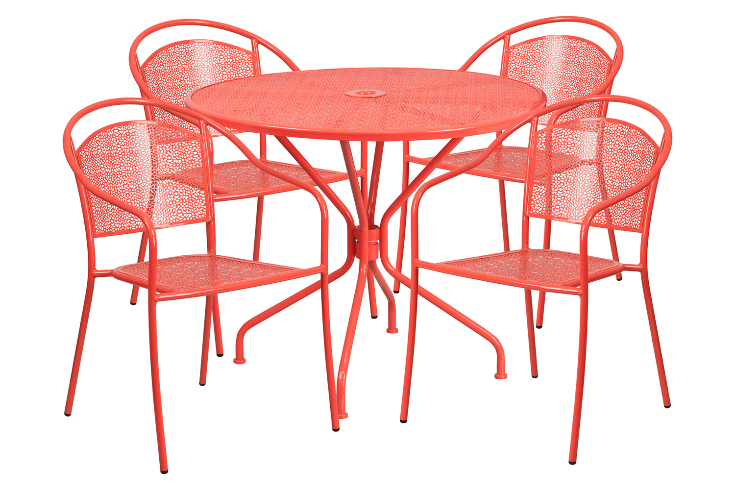 BLNK Oia Commercial Steel Indoor-Outdoor Patio Table Set with 4 Round Back Chairs - Coral, 35.25"W