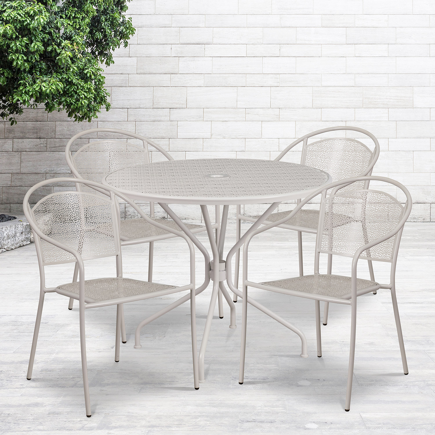 BLNK Oia Commercial Steel Indoor-Outdoor Patio Table Set with 4 Round Back Chairs