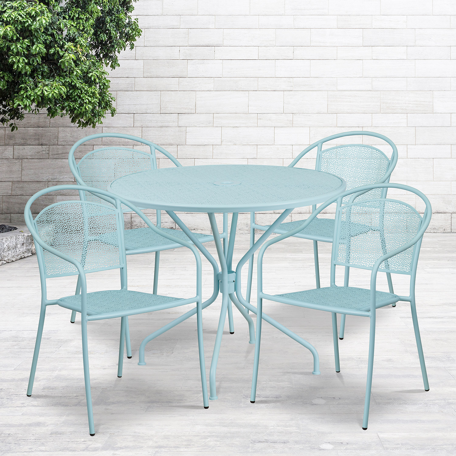 BLNK Oia Commercial Steel Indoor-Outdoor Patio Table Set with 4 Round Back Chairs