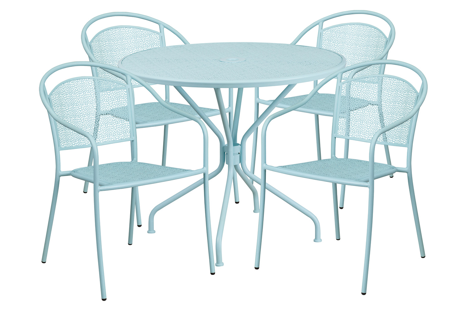 BLNK Oia Commercial Steel Indoor-Outdoor Patio Table Set with 4 Round Back Chairs - Sky Blue, 35.25"W