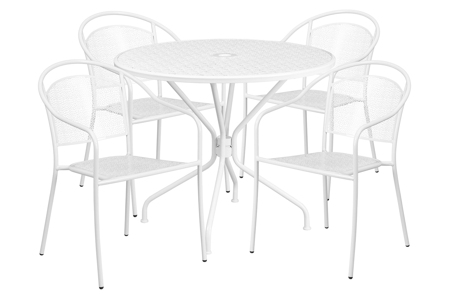 BLNK Oia Commercial Steel Indoor-Outdoor Patio Table Set with 4 Round Back Chairs - White, 35.25"W