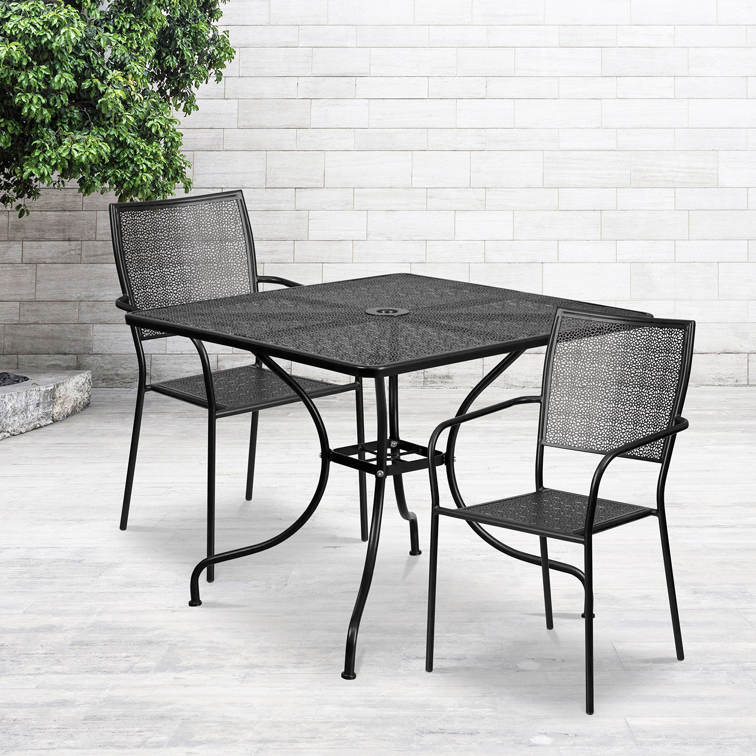 BLNK Oia Commercial Square Steel Indoor-Outdoor Patio Table Set with 2 Square Back Chairs