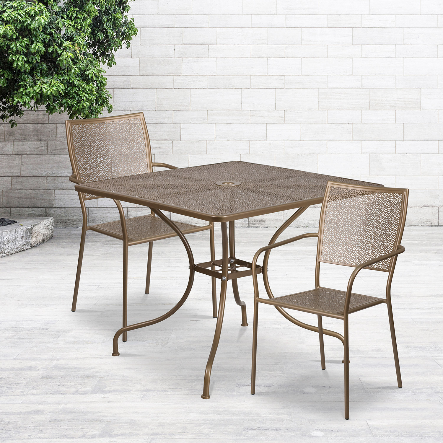 BLNK Oia Commercial Square Steel Indoor-Outdoor Patio Table Set with 2 Square Back Chairs