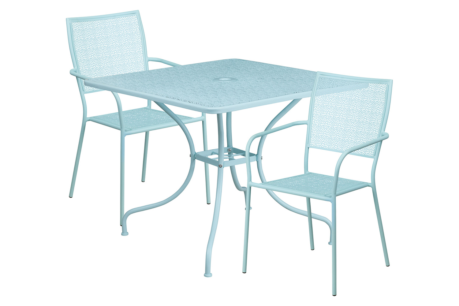 BLNK Oia Commercial Square Steel Indoor-Outdoor Patio Table Set with 2 Square Back Chairs - Sky Blue, 35.5"W