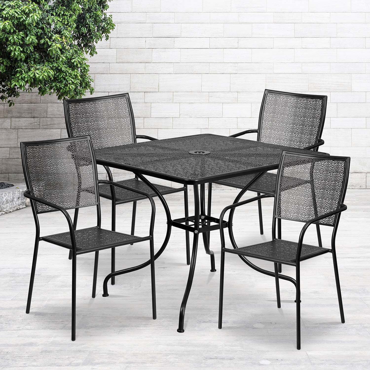 BLNK Oia Commercial Square Steel Indoor-Outdoor Patio Table Set with 4 Square Back Chairs