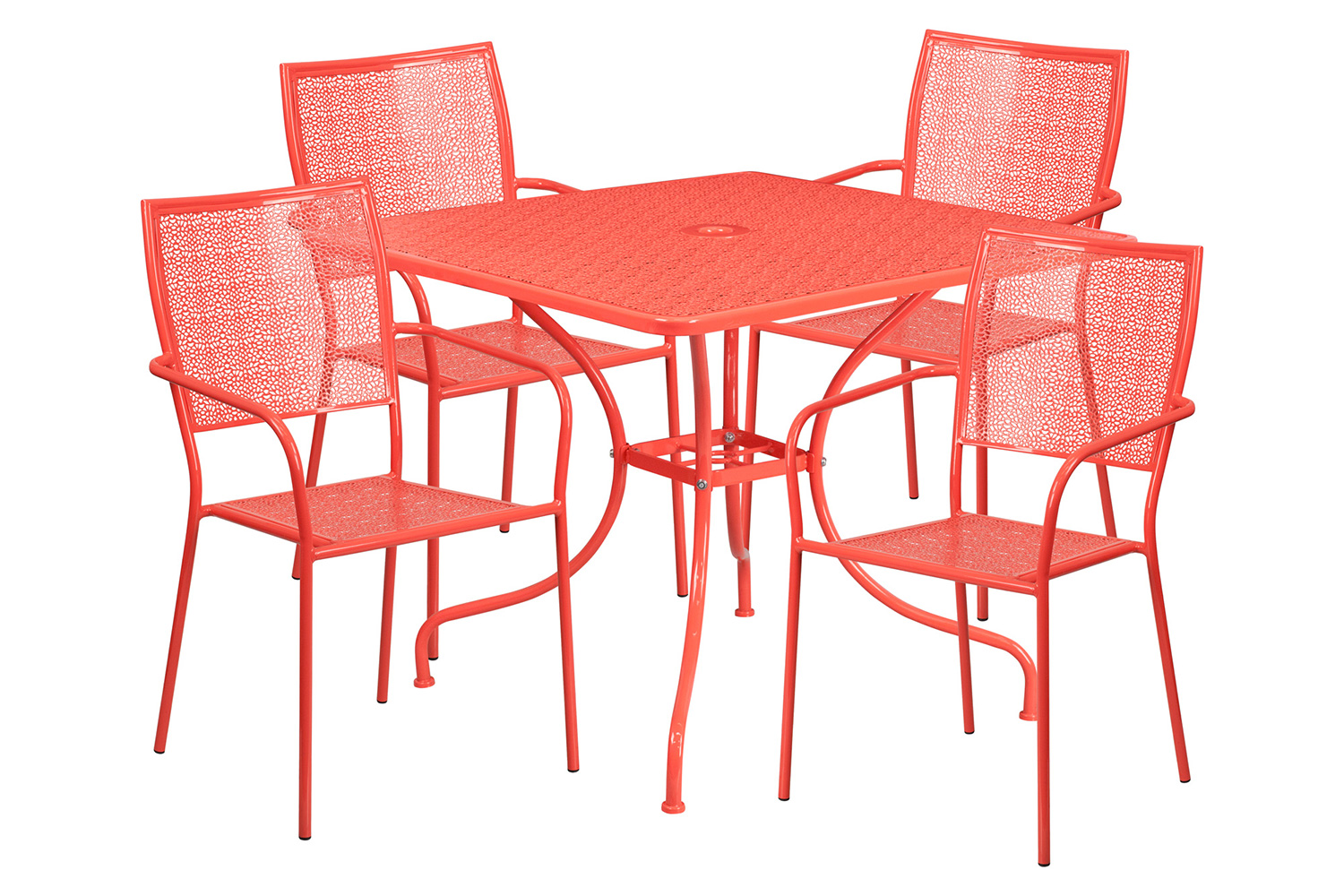 BLNK Oia Commercial Square Steel Indoor-Outdoor Patio Table Set with 4 Square Back Chairs - Coral, 35.5"W