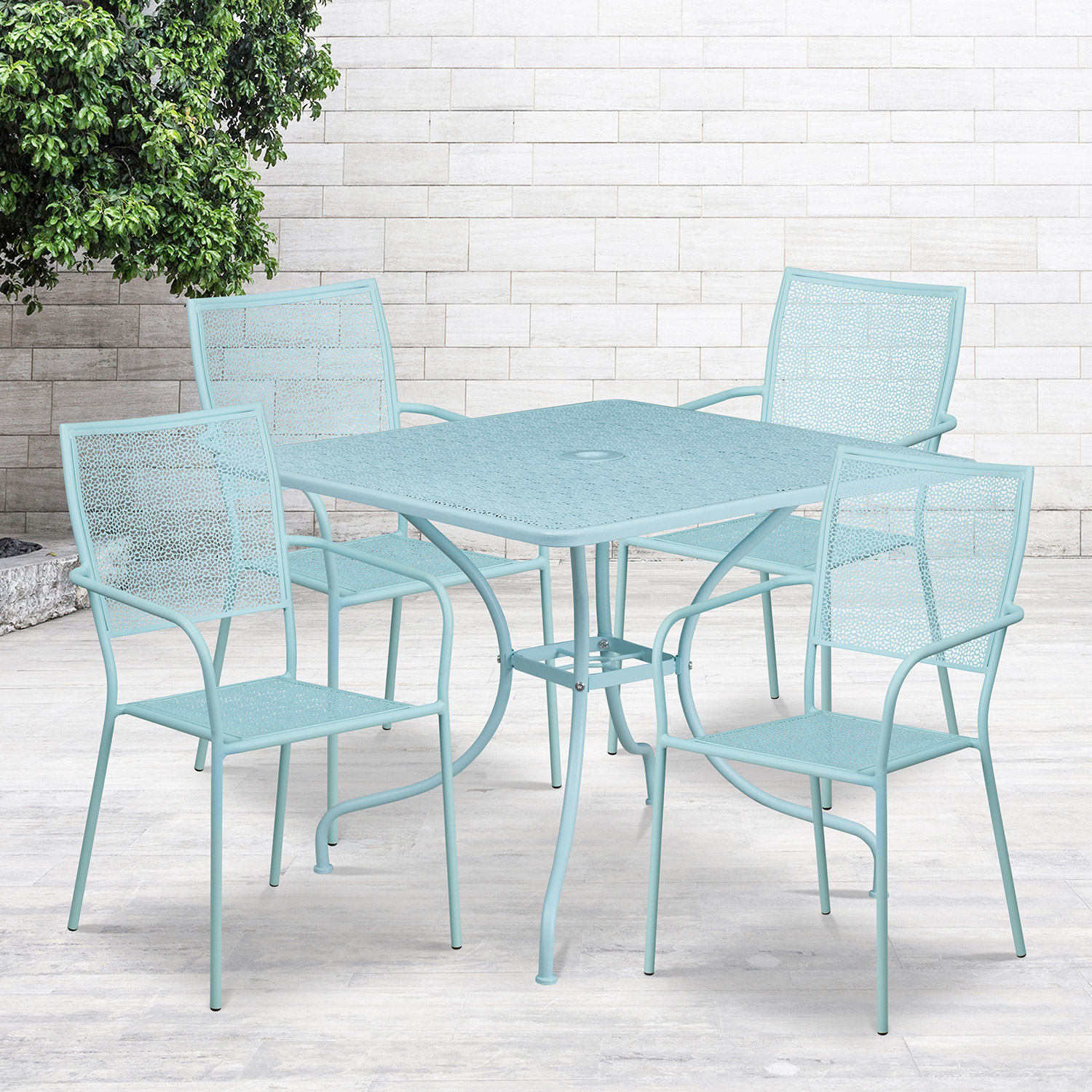 BLNK Oia Commercial Square Steel Indoor-Outdoor Patio Table Set with 4 Square Back Chairs