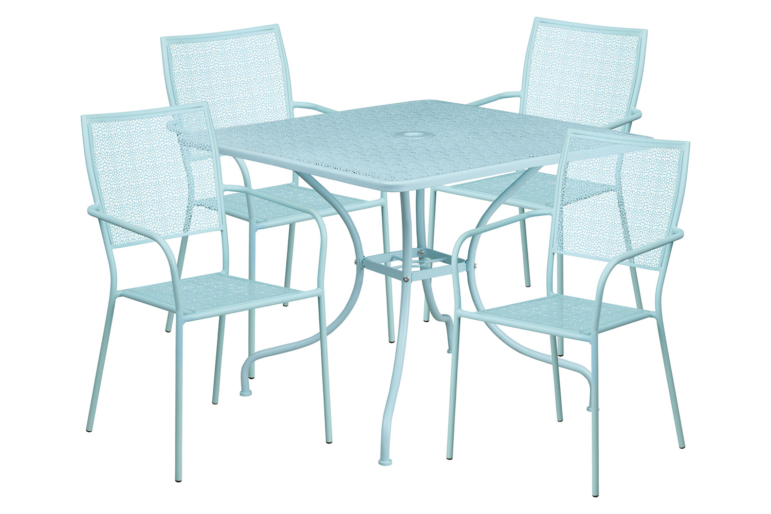 BLNK Oia Commercial Square Steel Indoor-Outdoor Patio Table Set with 4 Square Back Chairs - Sky Blue, 35.5"W