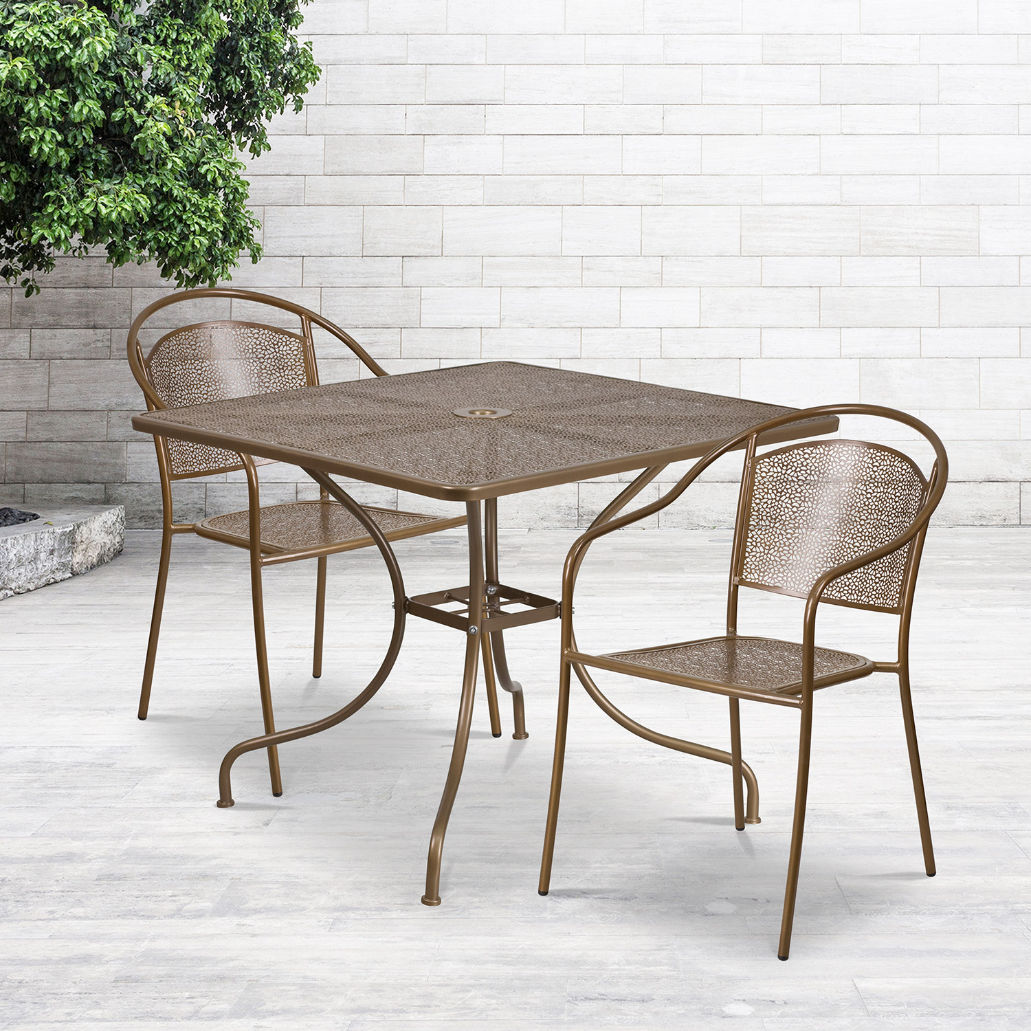 BLNK Oia Commercial Steel Indoor-Outdoor Patio Table Set with 2 Round Back Chairs