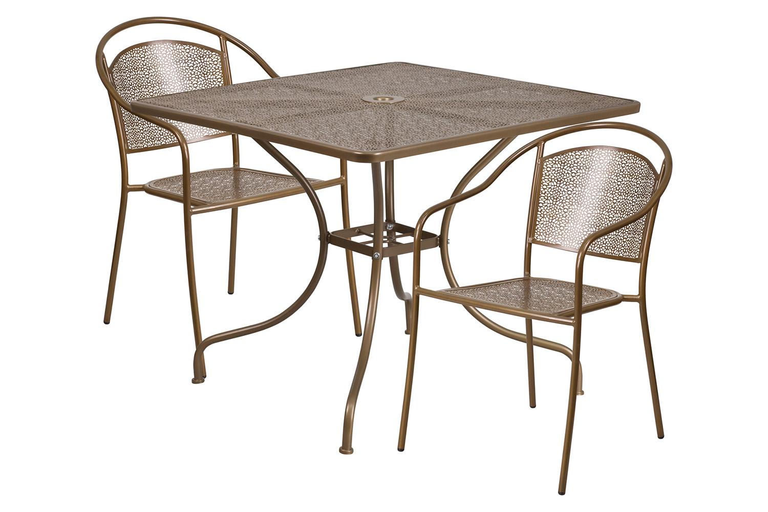 BLNK Oia Commercial Steel Indoor-Outdoor Patio Table Set with 2 Round Back Chairs - Gold, 35.5"W