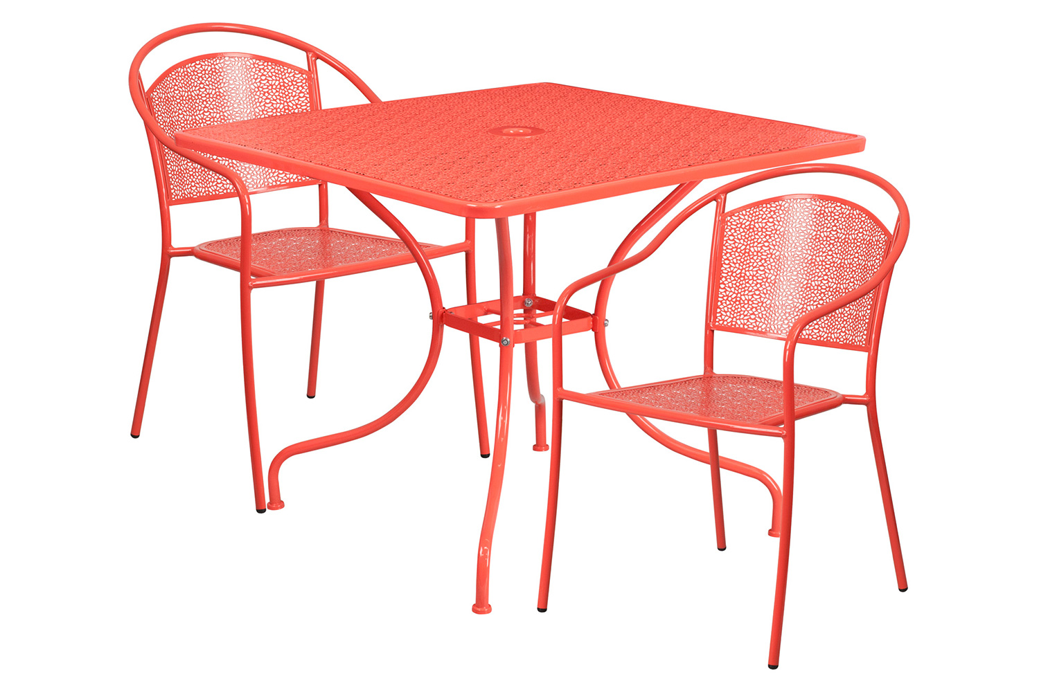 BLNK Oia Commercial Steel Indoor-Outdoor Patio Table Set with 2 Round Back Chairs - Coral, 35.5"W