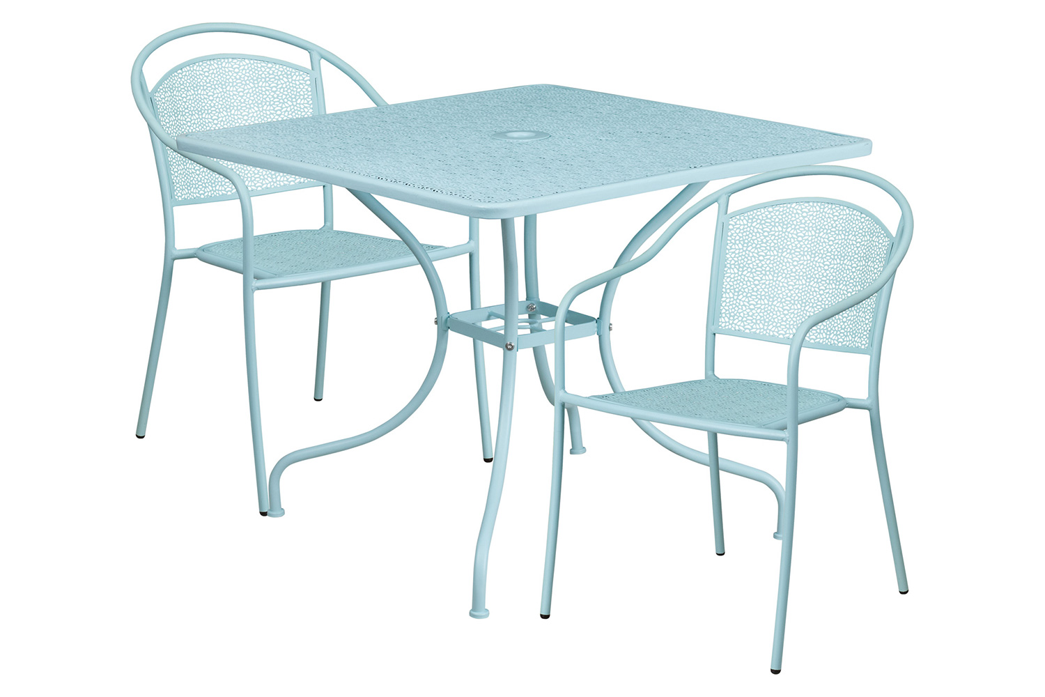 BLNK Oia Commercial Steel Indoor-Outdoor Patio Table Set with 2 Round Back Chairs - Sky Blue, 35.5"W