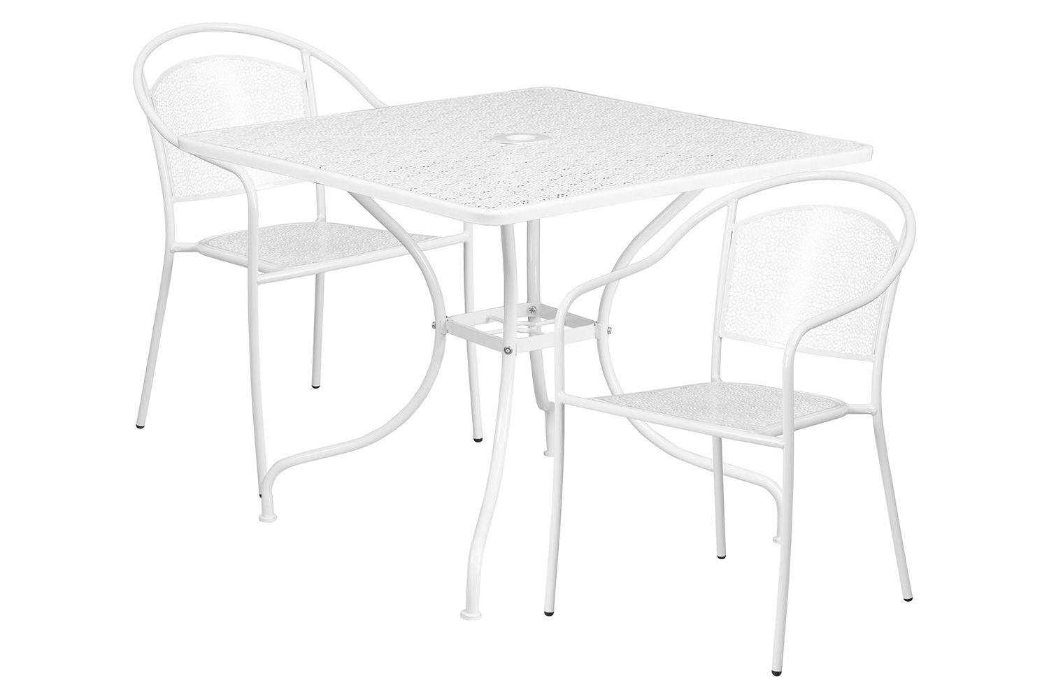 BLNK Oia Commercial Steel Indoor-Outdoor Patio Table Set with 2 Round Back Chairs - White, 35.5"W