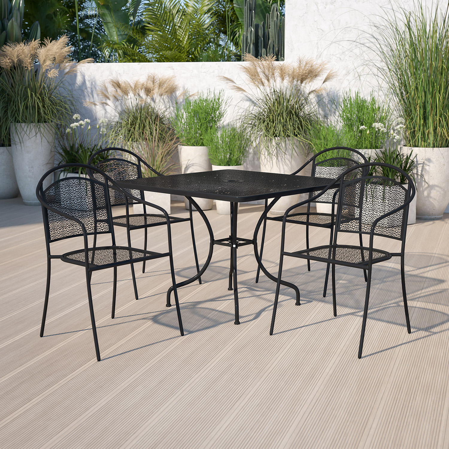 BLNK Oia Commercial Steel Indoor-Outdoor Patio Table Set with 4 Round Back Chairs