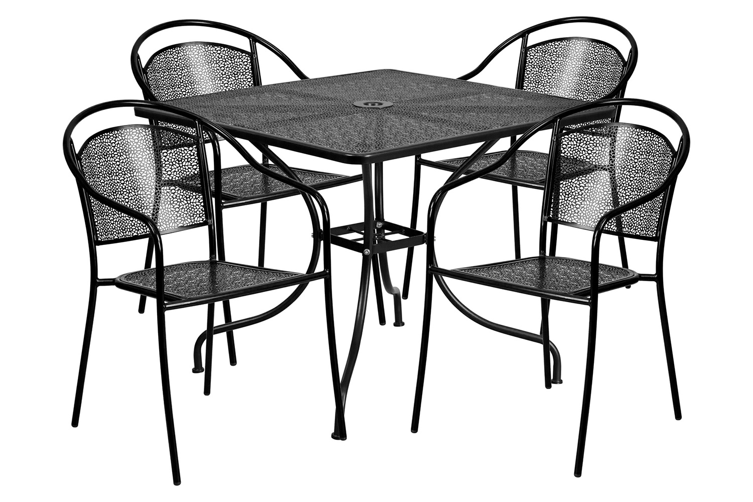 BLNK Oia Commercial Steel Indoor-Outdoor Patio Table Set with 4 Round Back Chairs - Black, 35.5"W