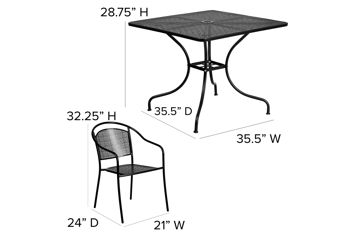 BLNK Oia Commercial Steel Indoor-Outdoor Patio Table Set with 4 Round Back Chairs - Black, 35.5"W