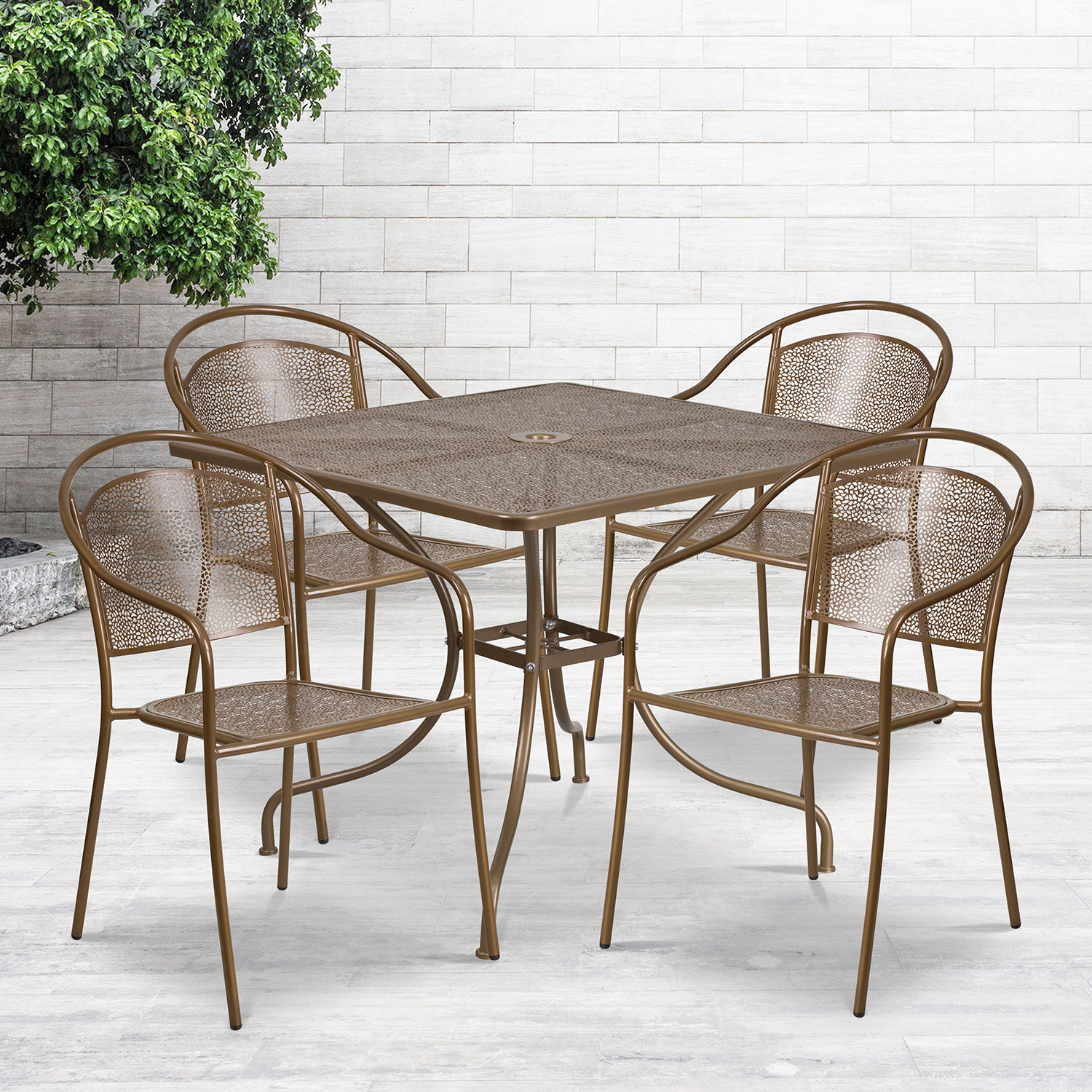 BLNK Oia Commercial Steel Indoor-Outdoor Patio Table Set with 4 Round Back Chairs