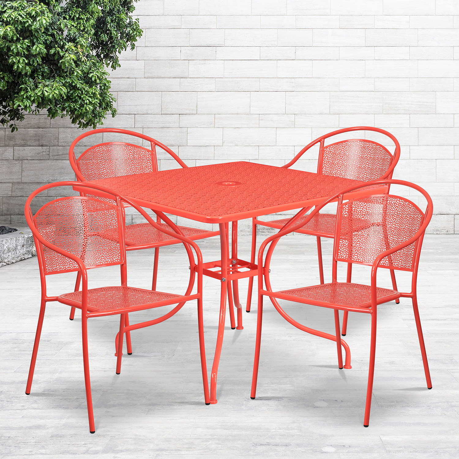 BLNK Oia Commercial Steel Indoor-Outdoor Patio Table Set with 4 Round Back Chairs