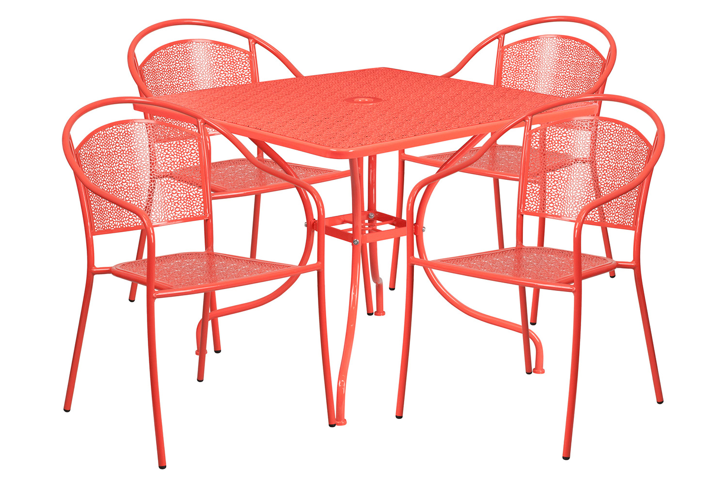 BLNK Oia Commercial Steel Indoor-Outdoor Patio Table Set with 4 Round Back Chairs - Coral, 35.5"W