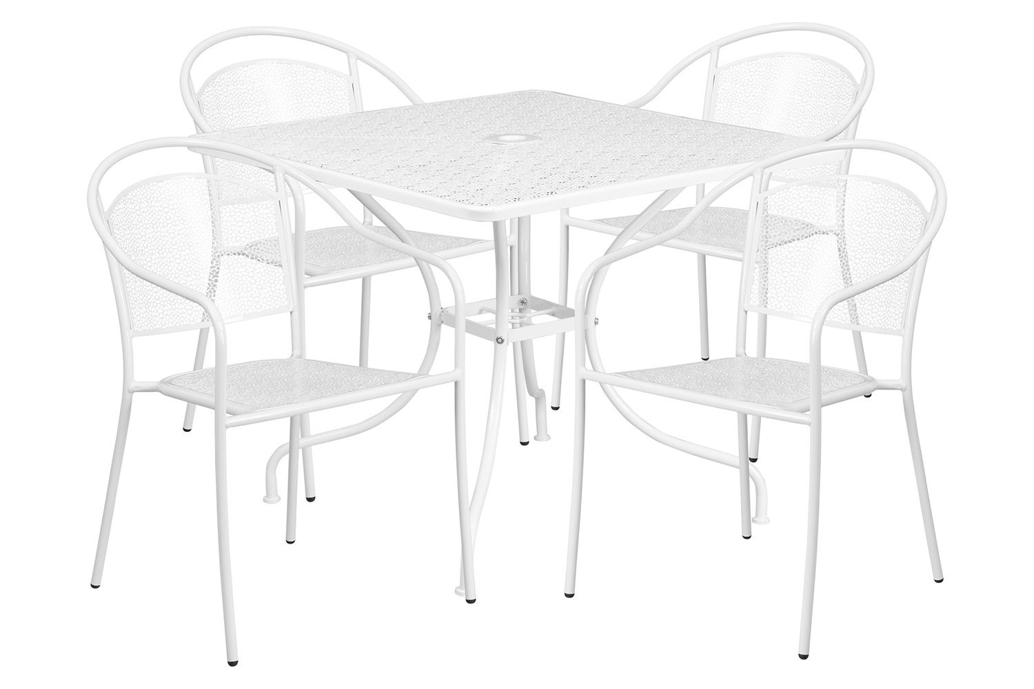 BLNK Oia Commercial Steel Indoor-Outdoor Patio Table Set with 4 Round Back Chairs - White, 35.5"W