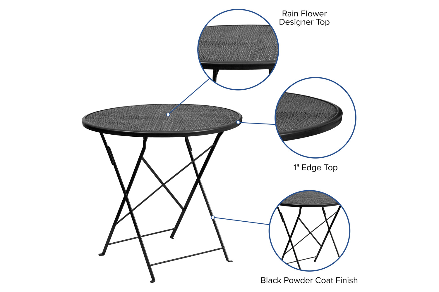 BLNK Oia Commercial Round Steel Indoor-Outdoor Folding Patio Table - Black, 30"D