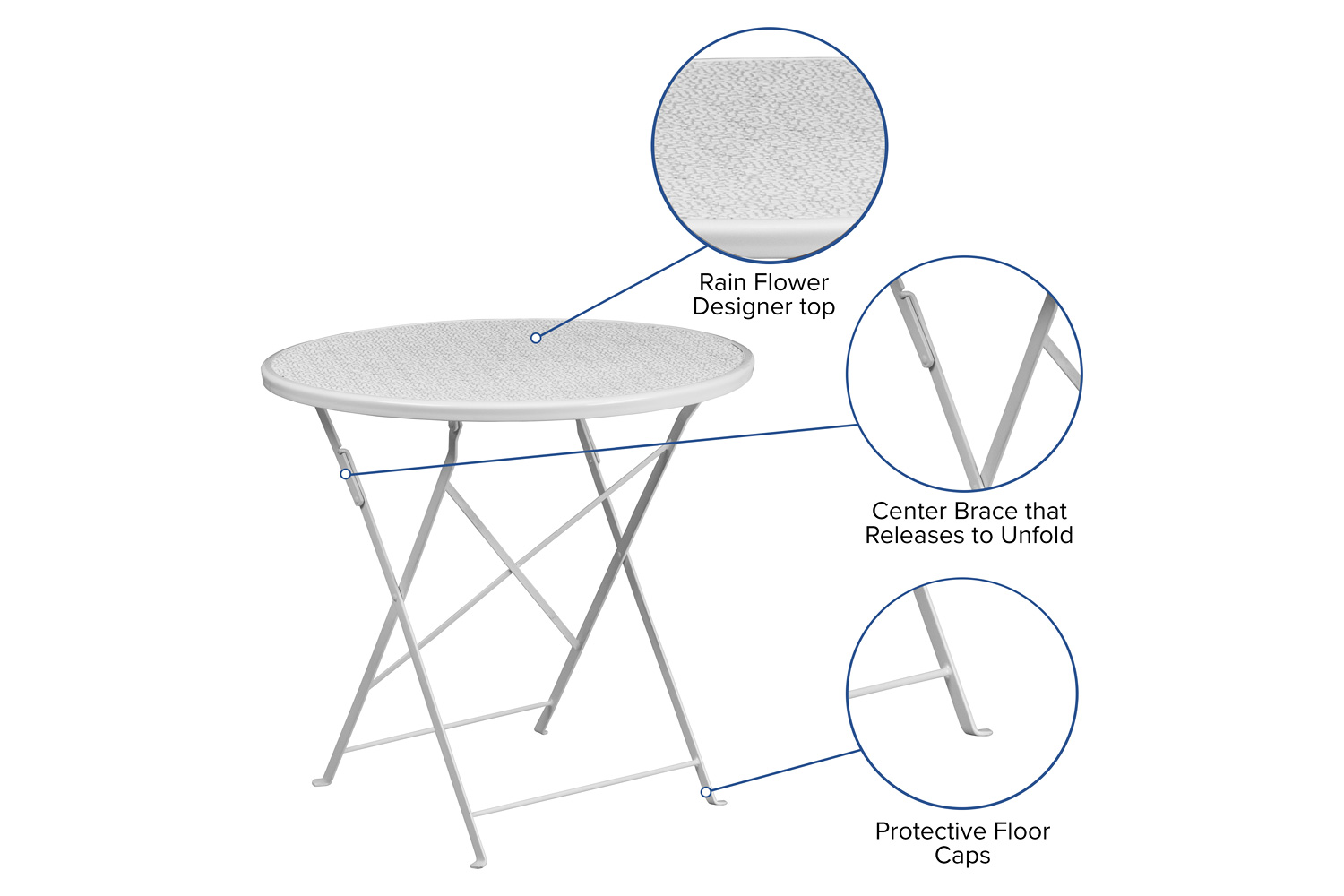 BLNK Oia Commercial Round Steel Indoor-Outdoor Folding Patio Table - White, 30"D