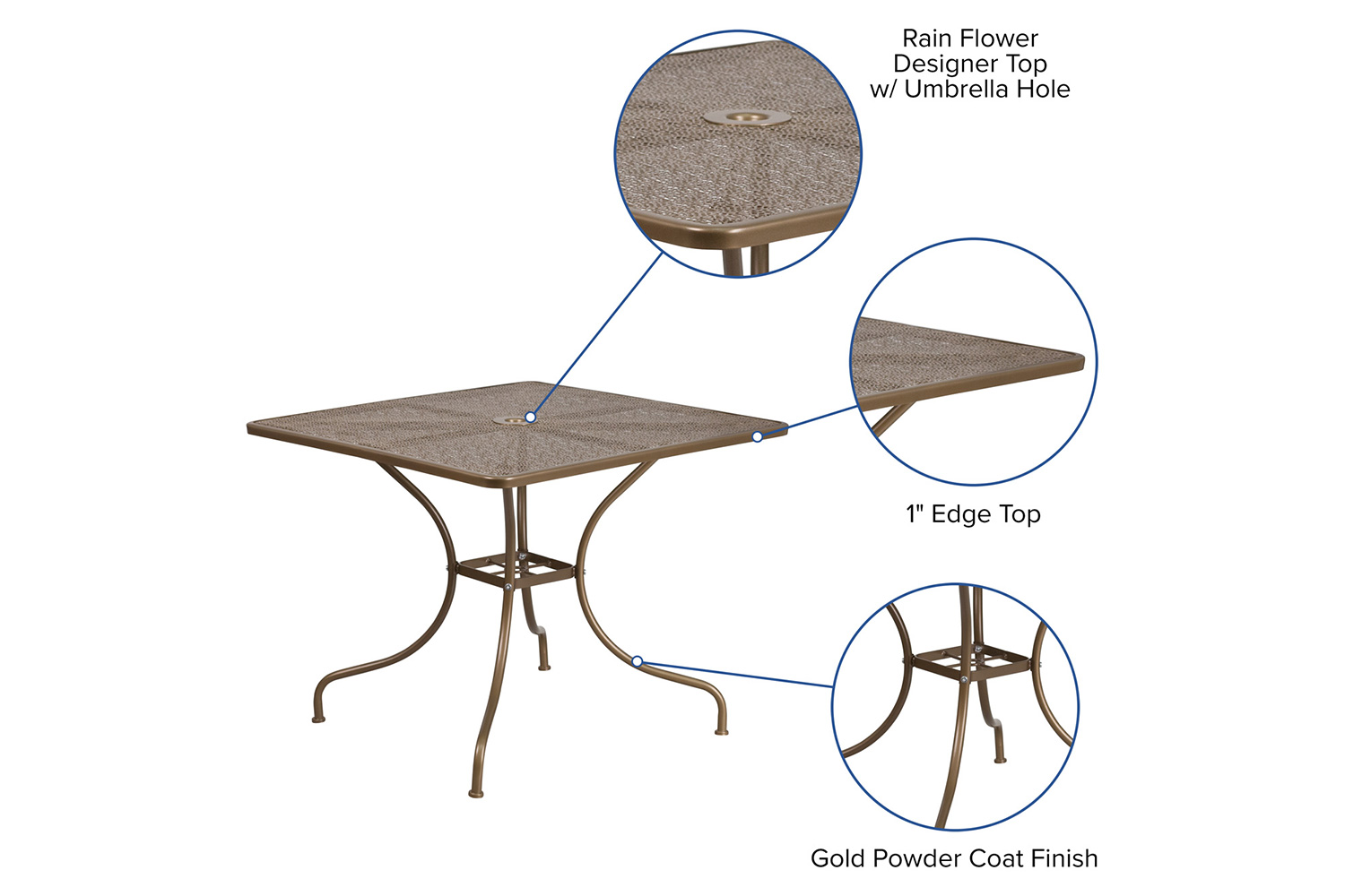 BLNK™ Oia Commercial Square Steel Indoor-Outdoor Patio Table with Umbrella Hole - Gold