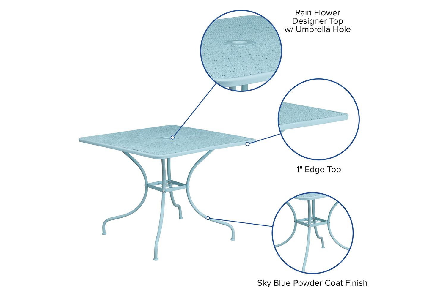 BLNK Oia Commercial Square Steel Indoor-Outdoor Patio Table with Umbrella Hole - Sky Blue