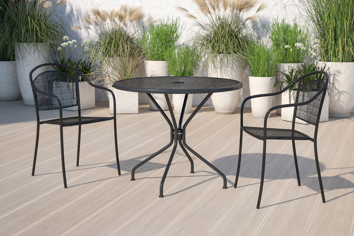 BLNK Oia Commercial Round Steel Indoor-Outdoor Patio Table with Umbrella Hole