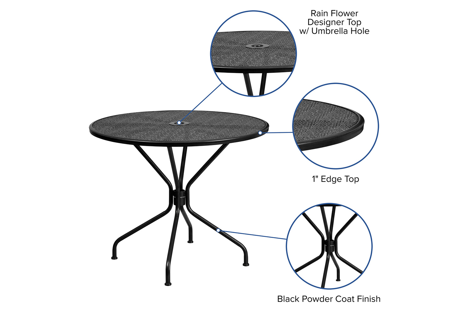 BLNK Oia Commercial Round Steel Indoor-Outdoor Patio Table with Umbrella Hole - Black