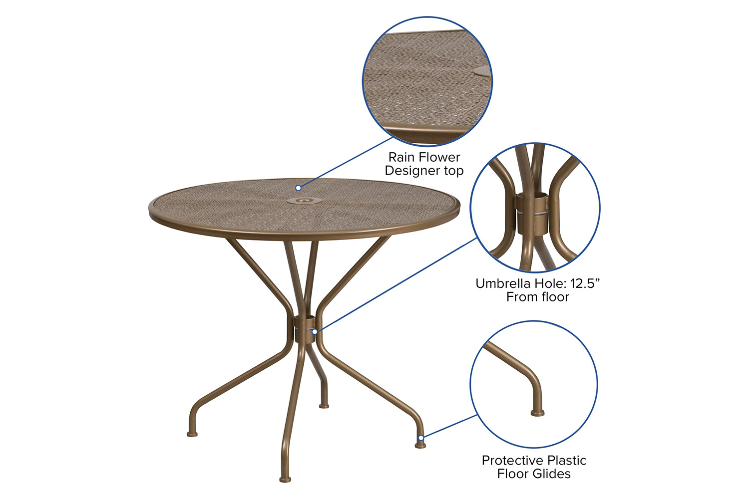 BLNK™ Oia Commercial Round Steel Indoor-Outdoor Patio Table with Umbrella Hole - Gold