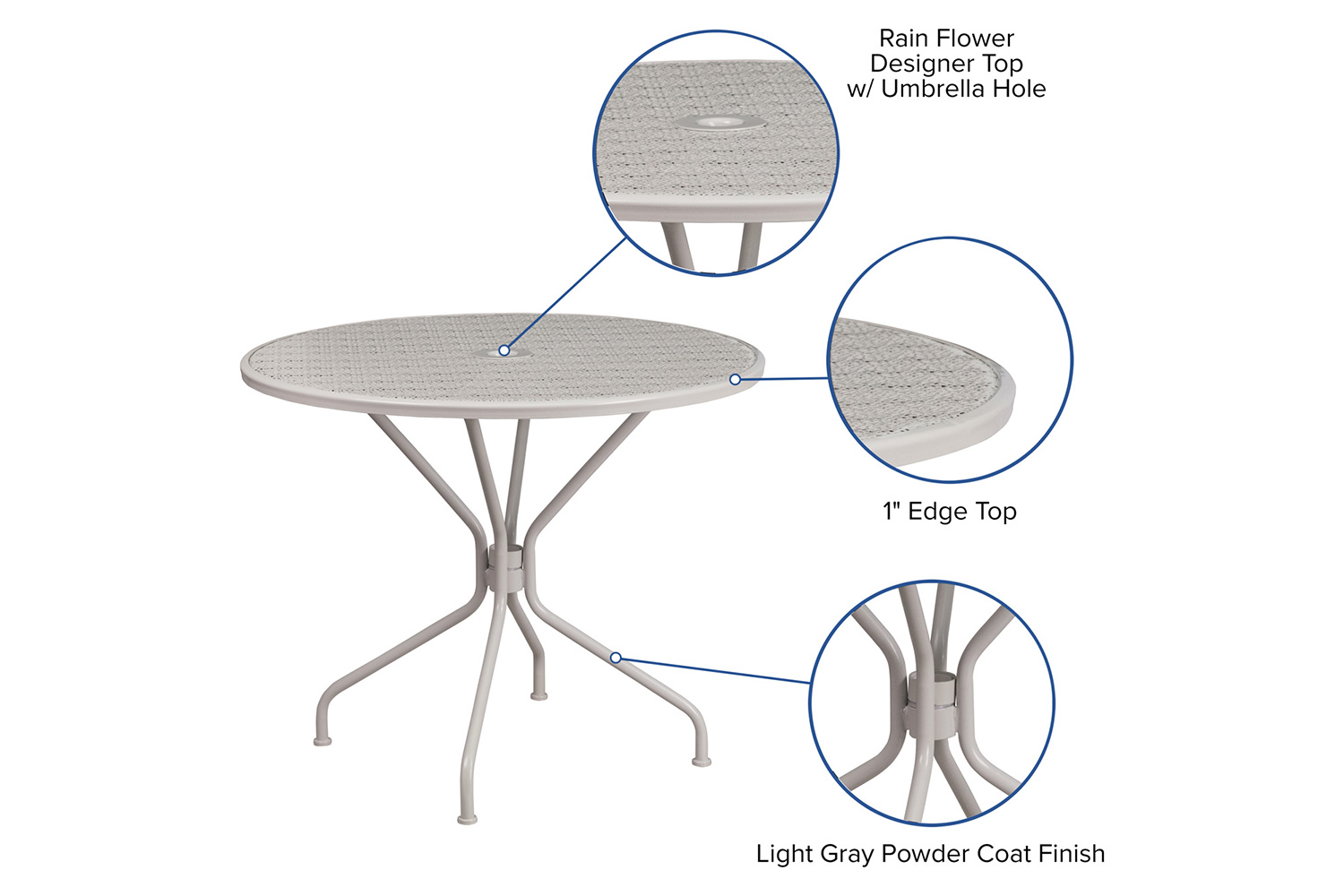 BLNK Oia Commercial Round Steel Indoor-Outdoor Patio Table with Umbrella Hole - Light Gray