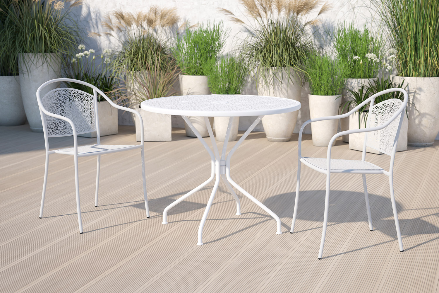 BLNK Oia Commercial Round Steel Indoor-Outdoor Patio Table with Umbrella Hole