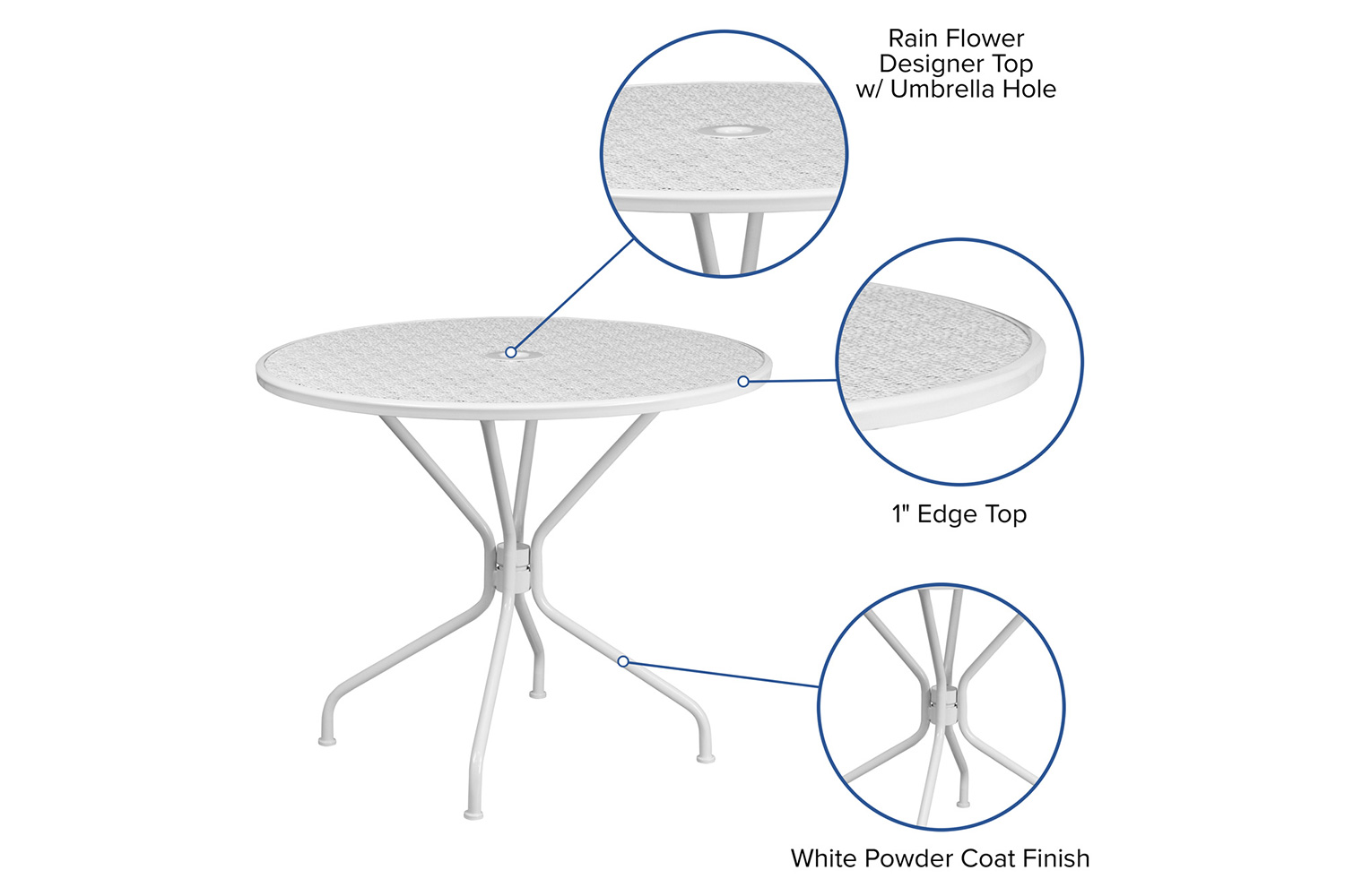 BLNK Oia Commercial Round Steel Indoor-Outdoor Patio Table with Umbrella Hole - White