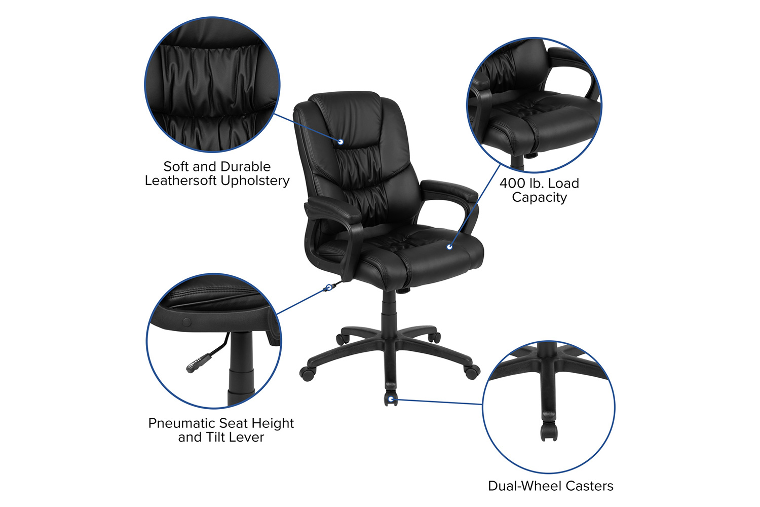 BLNK Flash Fundamentals LeatherSoft Swivel Office Chair with Padded Arms - Black