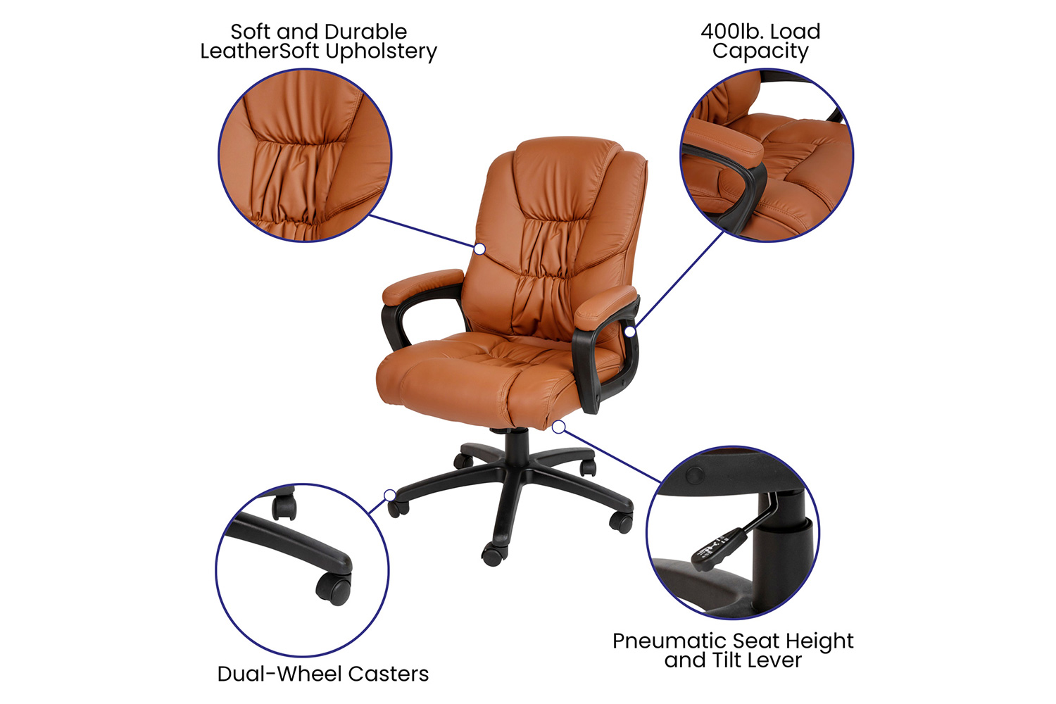 BLNK Flash Fundamentals LeatherSoft Swivel Office Chair with Padded Arms - Brown