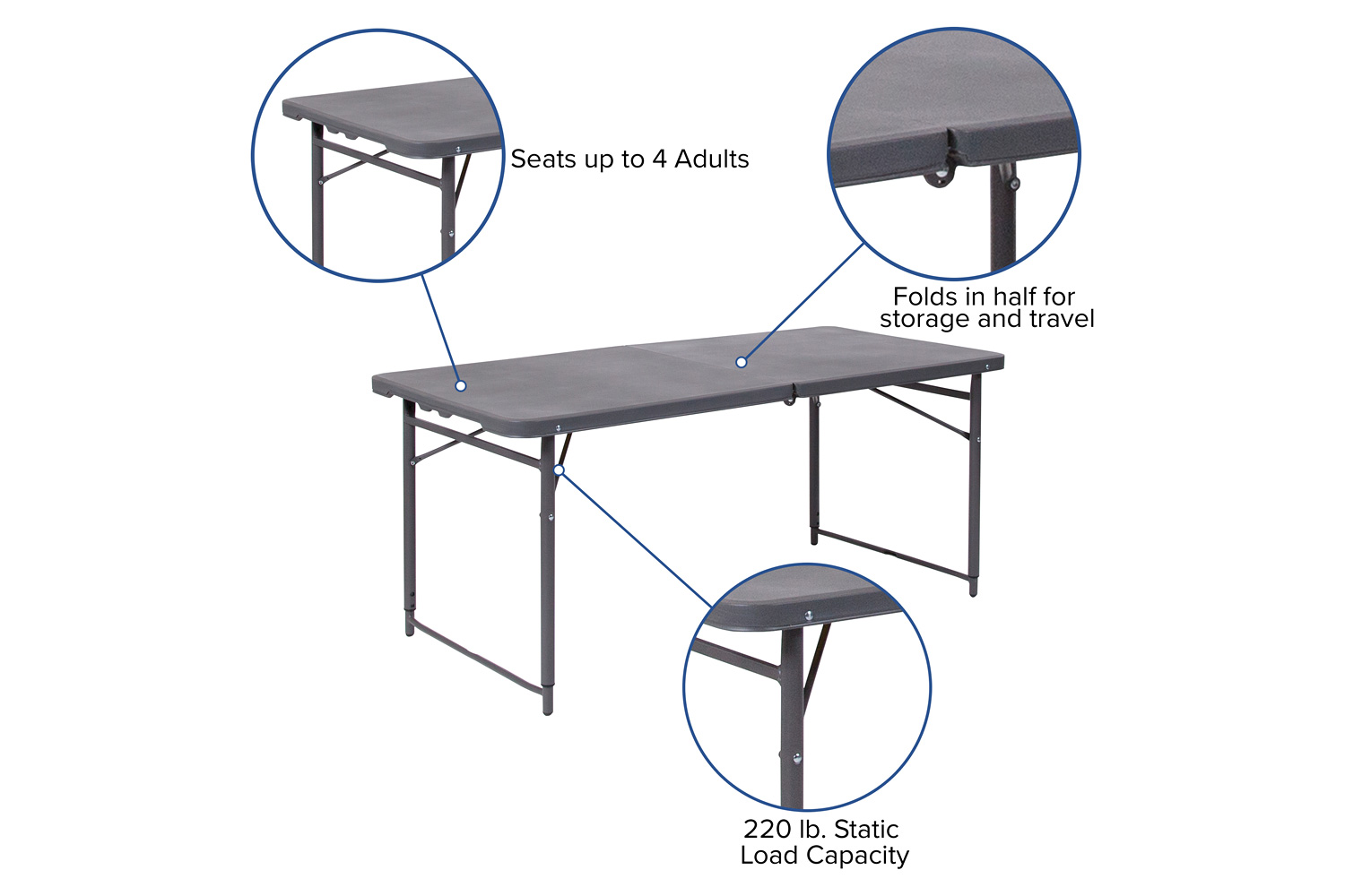 BLNK Mills Plastic Adjustable Folding Table with Carrying Handle - Dark Gray